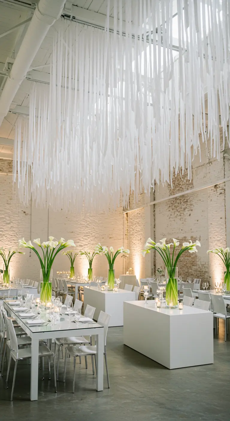 High-ceiling industrial venue with a canopy of hanging white ribbons over modern white tables.