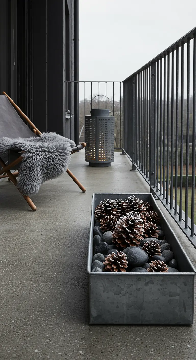 A galvanized metal trough on a concrete balcony, filled with dark stones and pinecones.