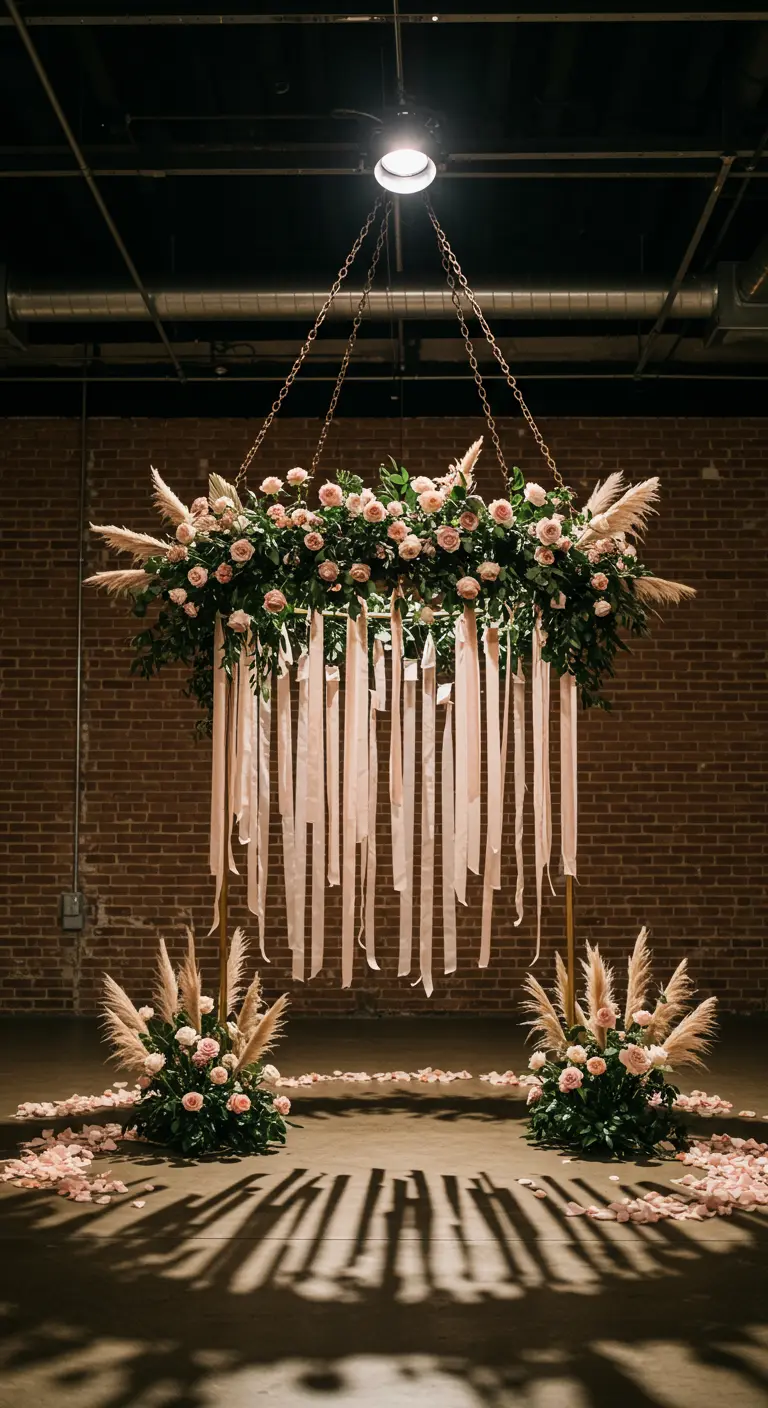 A floral chandelier with hanging ribbons for escort cards in an industrial space.