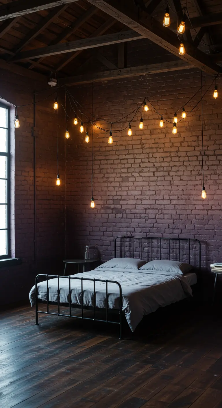 A loft bedroom with an exposed brick gradient wall and draped string lights.