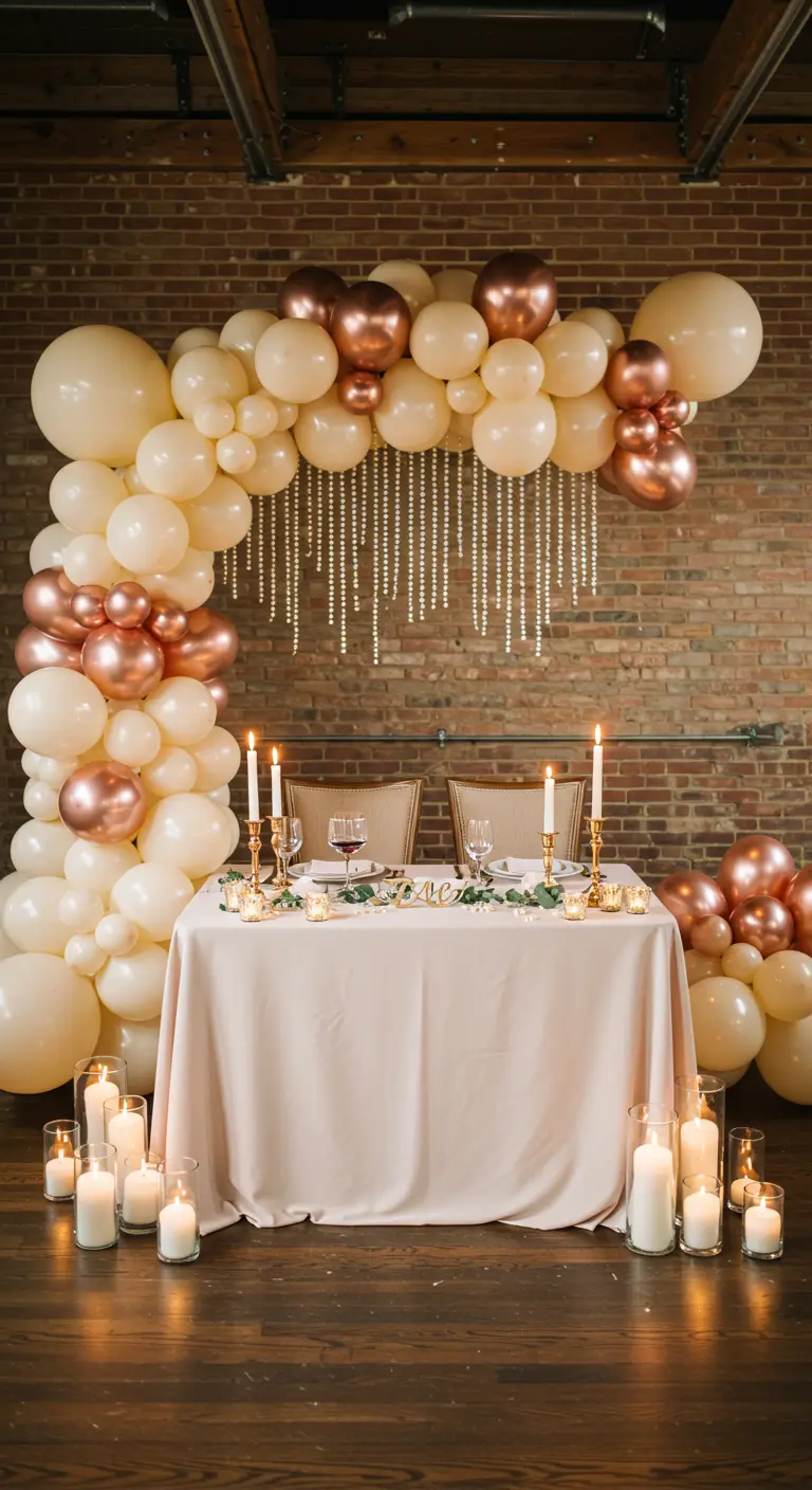 A blush and rose gold balloon arch with hanging lights against a brick wall for a wedding.
