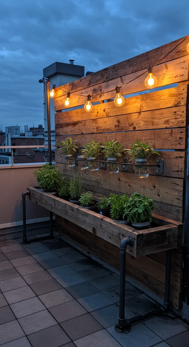 A rooftop herb garden with a wood wall, pipe frame, and string lights over jars and a planter box.