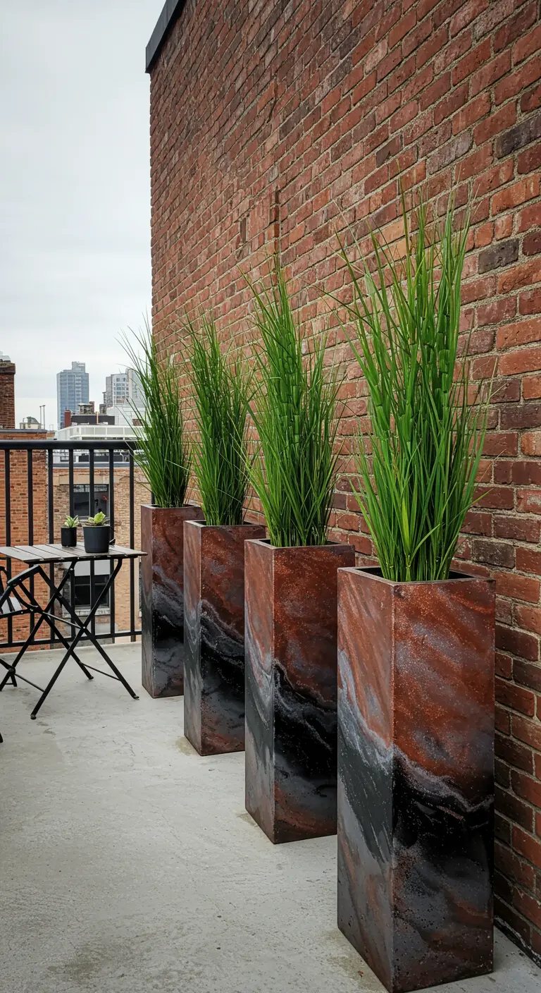 Four tall, rectangular planters with a rust and black marbled finish on a city balcony.