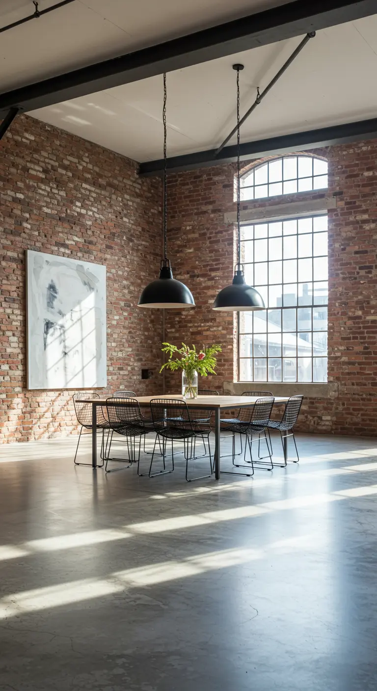 Loft dining area with brick wall, large black pendant lights, and black wire chairs.