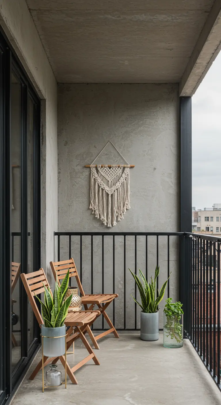 A minimalist industrial balcony with concrete floors, teak chairs, and stylish grey planters.