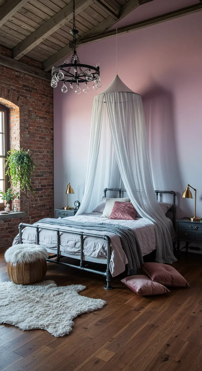 Industrial bedroom with brick wall, lilac ombre accent, and metal bed with canopy.
