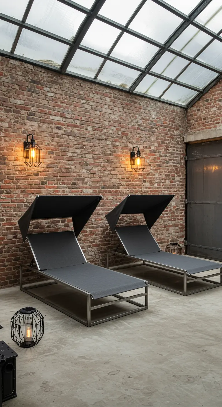 Two gray sunbeds with canopies in a conservatory with exposed brick walls and industrial lighting.