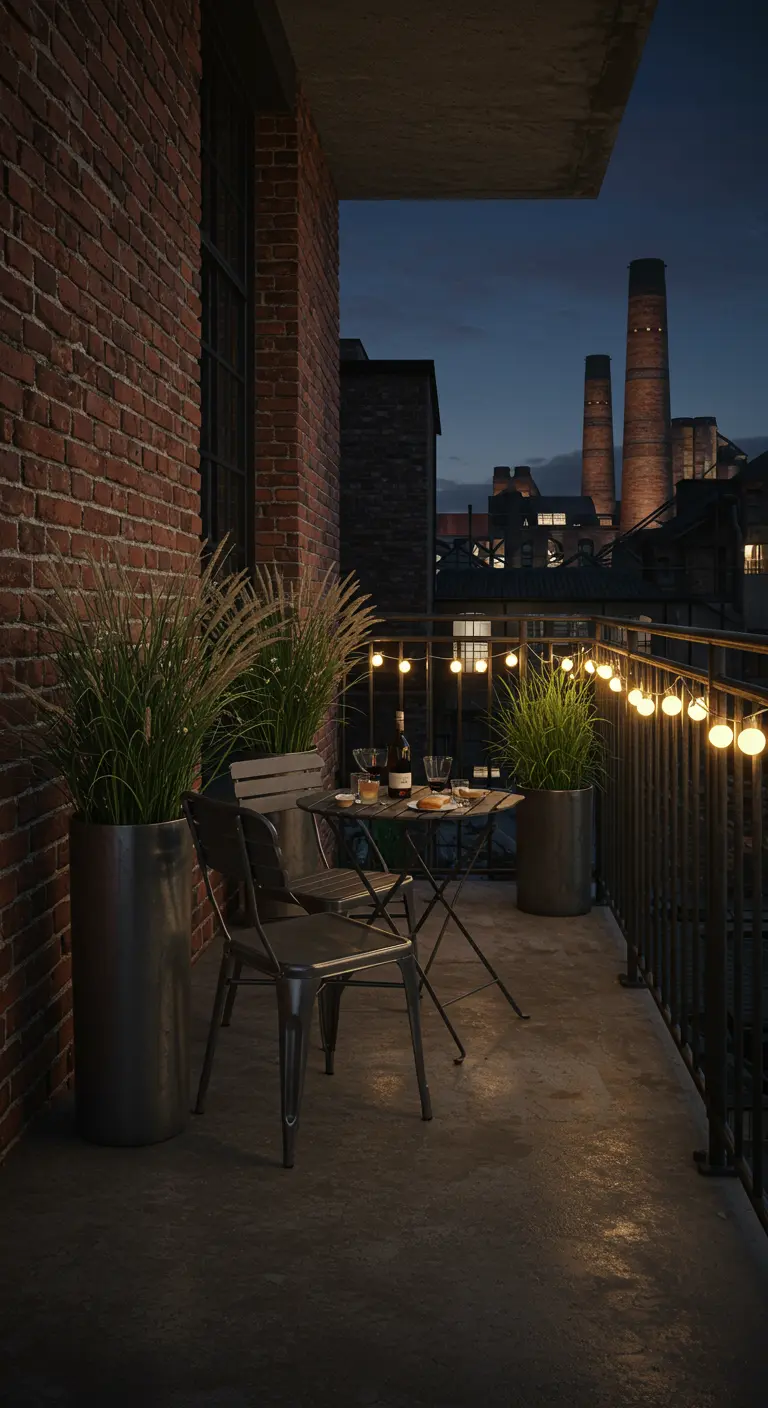 An industrial balcony with a metal bistro set, large planters with grasses, and a brick wall.