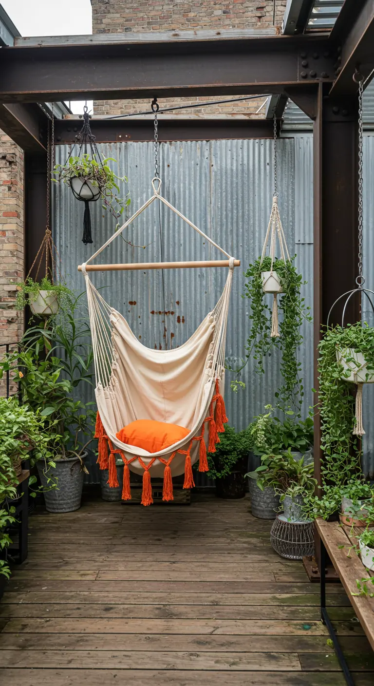 A cream hammock chair with orange tassels on an industrial balcony with metal beams.