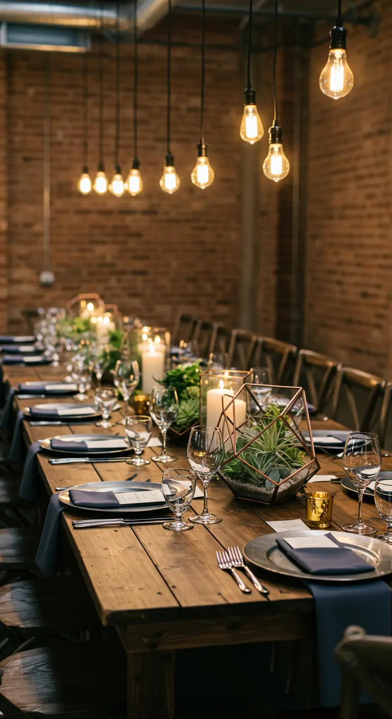 Rustic industrial table with geometric terrariums and hanging Edison bulbs.