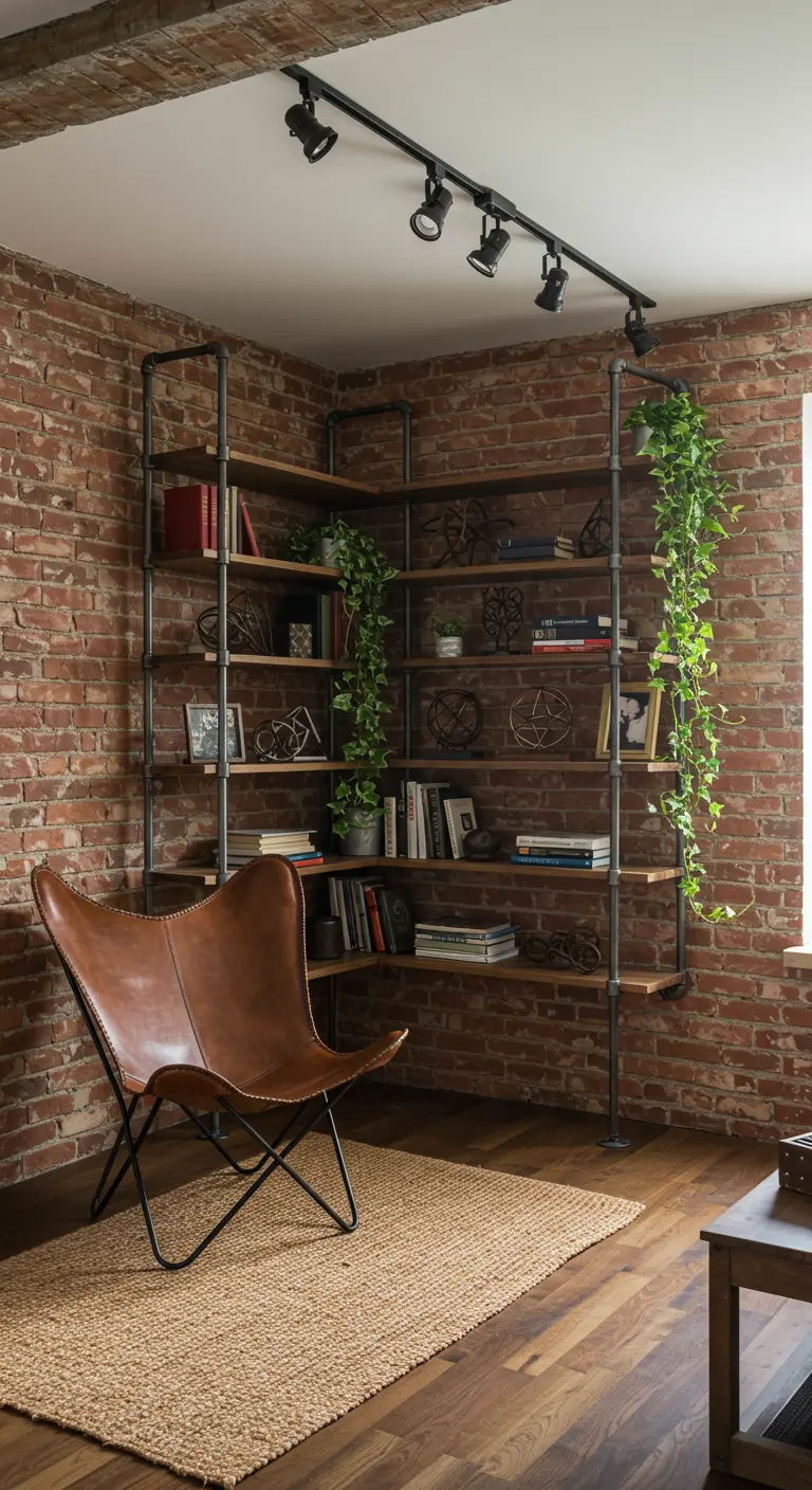 Industrial corner with exposed brick, pipe shelving, and a brown leather butterfly chair.