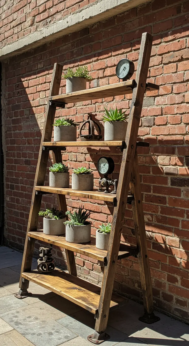 A sturdy wooden ladder with metal details, holding succulents in concrete pots against a brick wall.