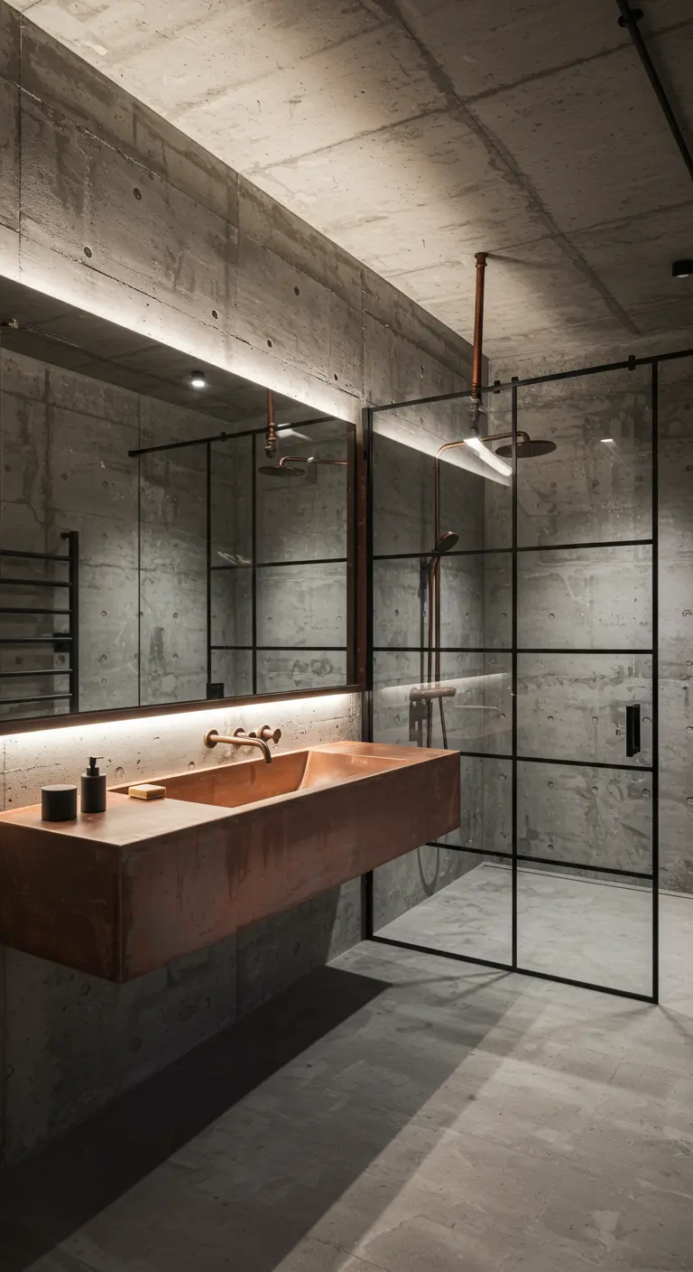 Industrial concrete bathroom with a floating copper sink and black-framed glass shower.