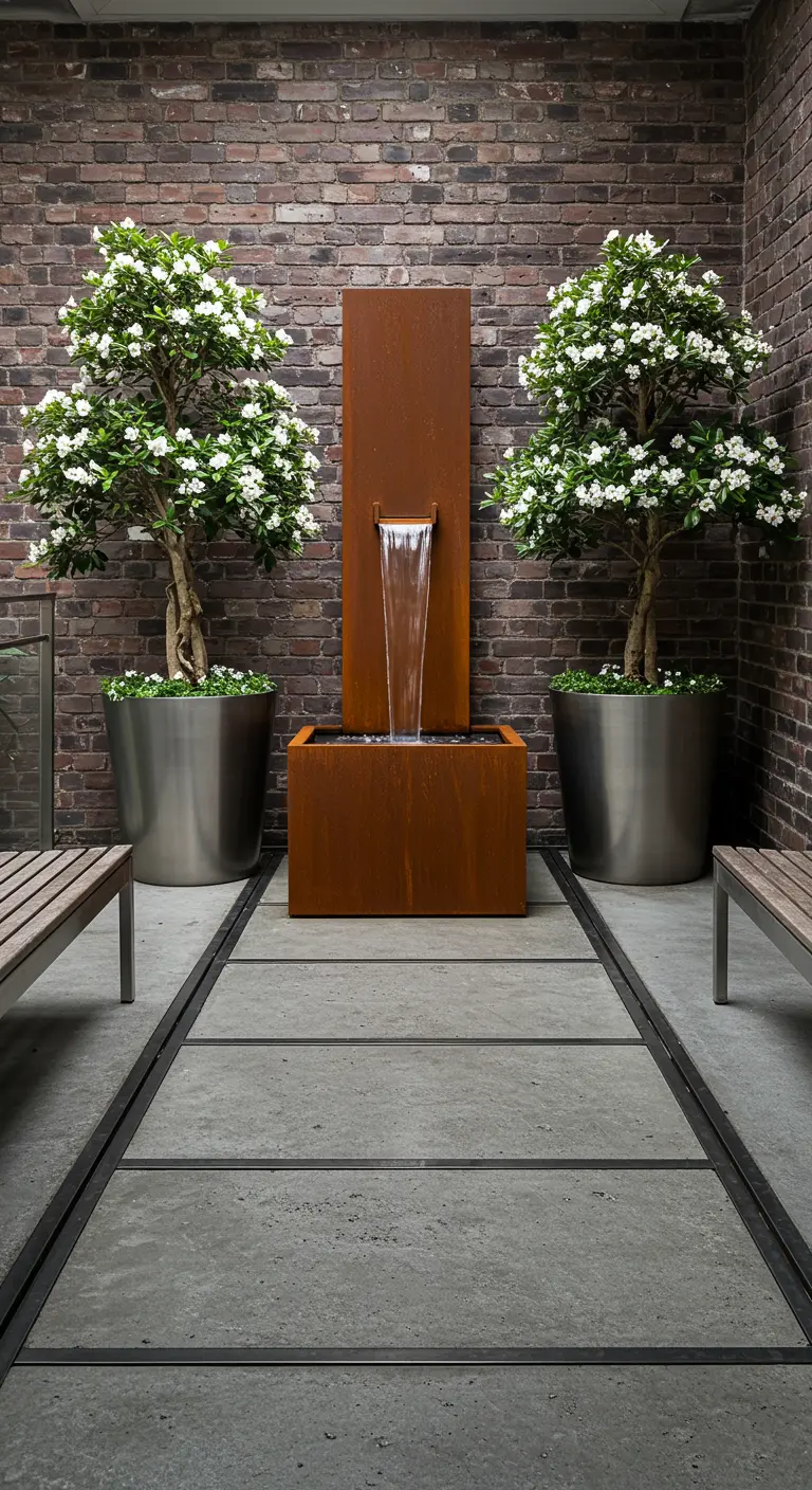 Courtyard with brick wall, a Corten steel fountain, and white flowering trees in metal planters.