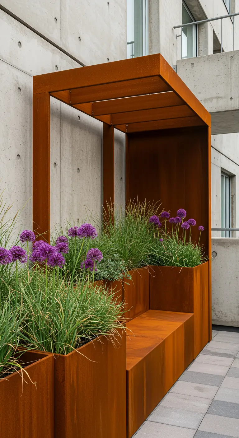 A modern Corten steel pergola with an integrated planter and bench, filled with purple alliums.