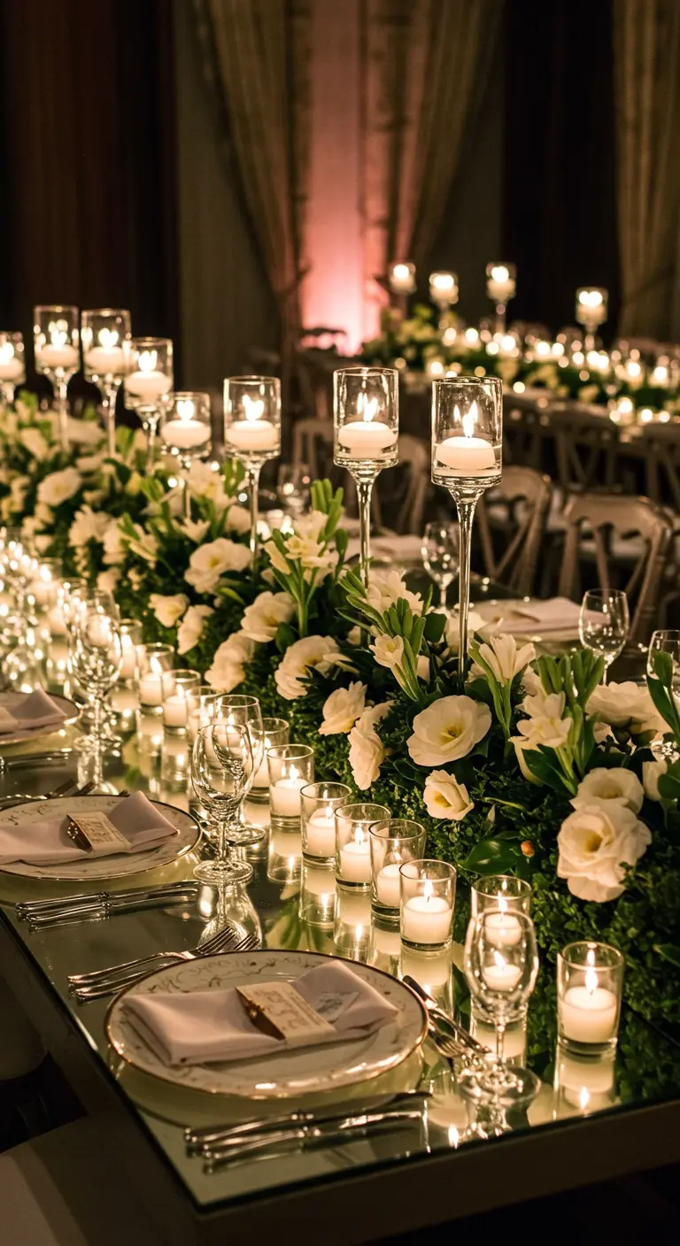 A glamorous dining table with a mirrored top reflecting dozens of candles and white flowers.