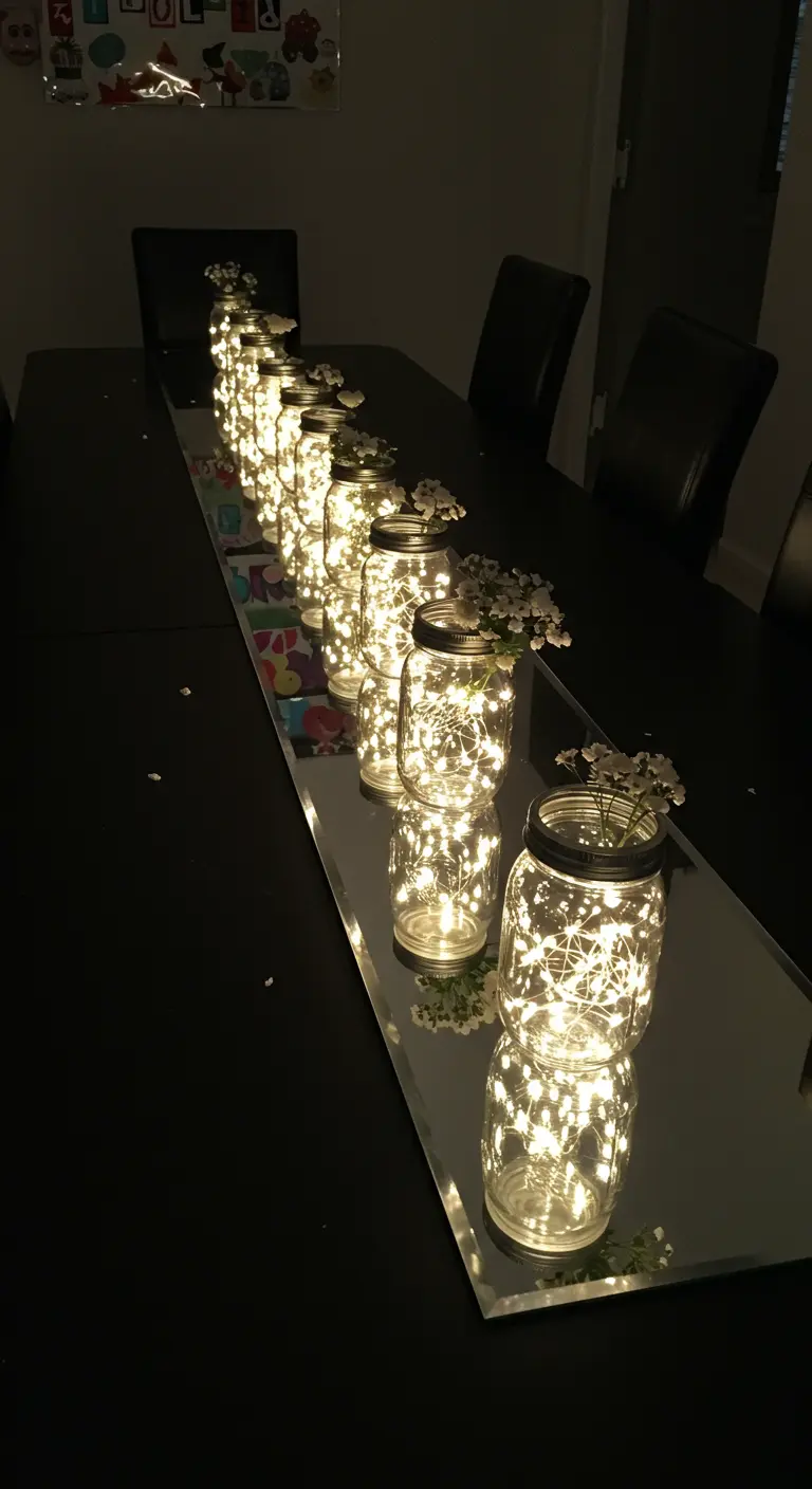 A line of mason jars with lights reflected in a long mirror runner.