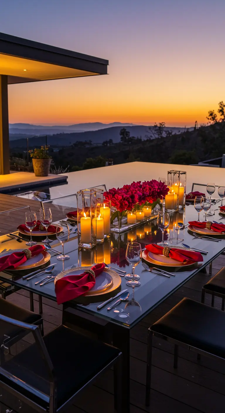 Poolside dining table with a long candle centerpiece and red napkins at dusk.