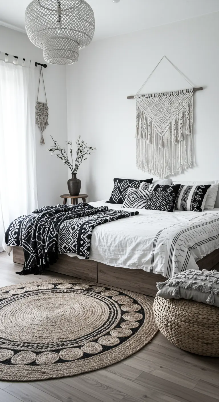 Bohemian bedroom with a macrame wall hanging, patterned textiles, and a large jute rug.