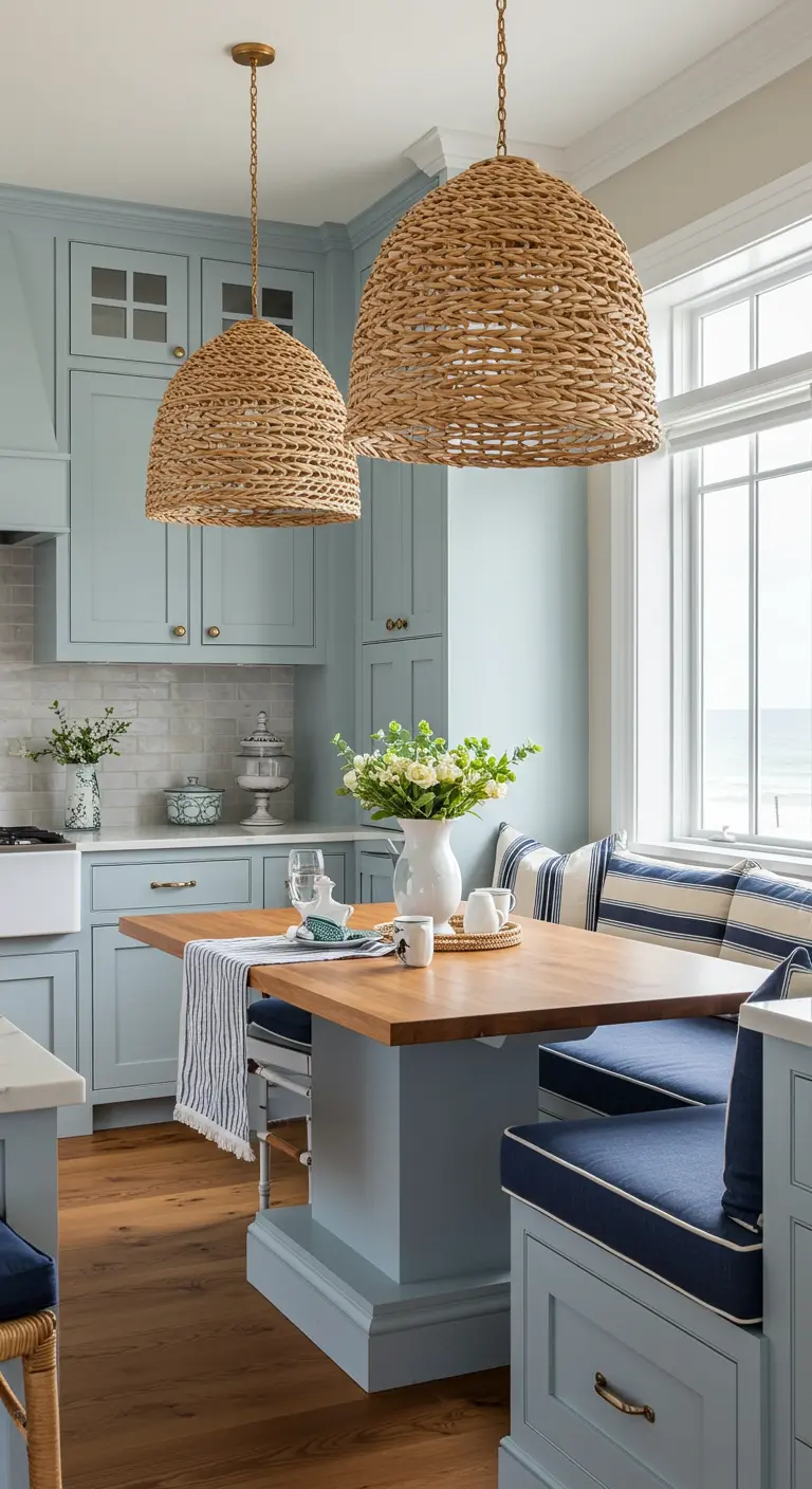 Coastal kitchen with light blue cabinets, woven pendant lights, and a striped banquette.