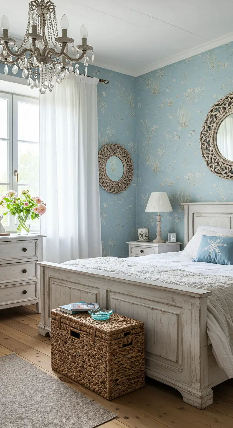 Coastal bedroom with light blue floral wallpaper, a distressed white bed, and round textured mirrors.