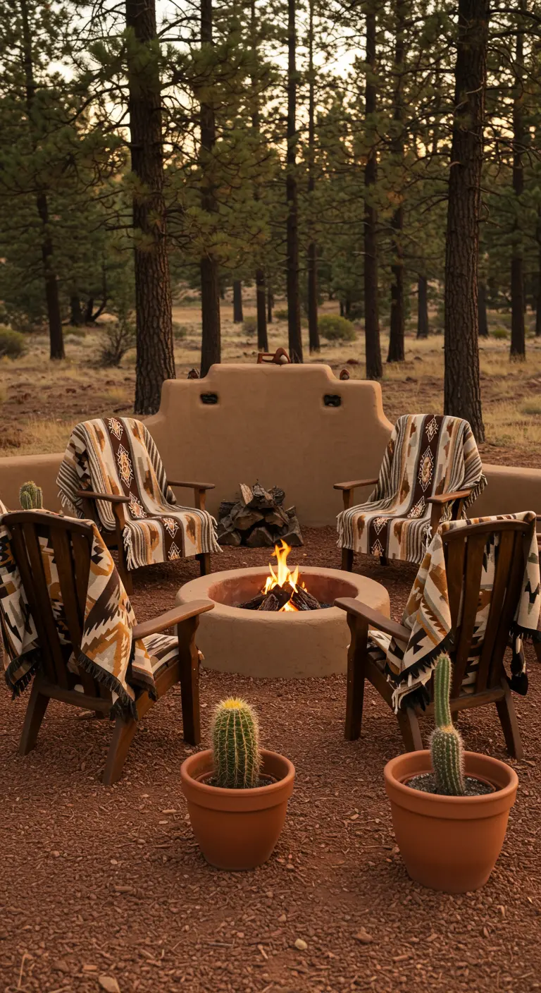 A fire pit surrounded by chairs with Southwestern-patterned blankets and potted cacti.