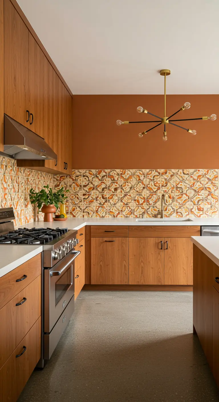 Mid-century kitchen with wood cabinets, patterned tile, and a sputnik chandelier.