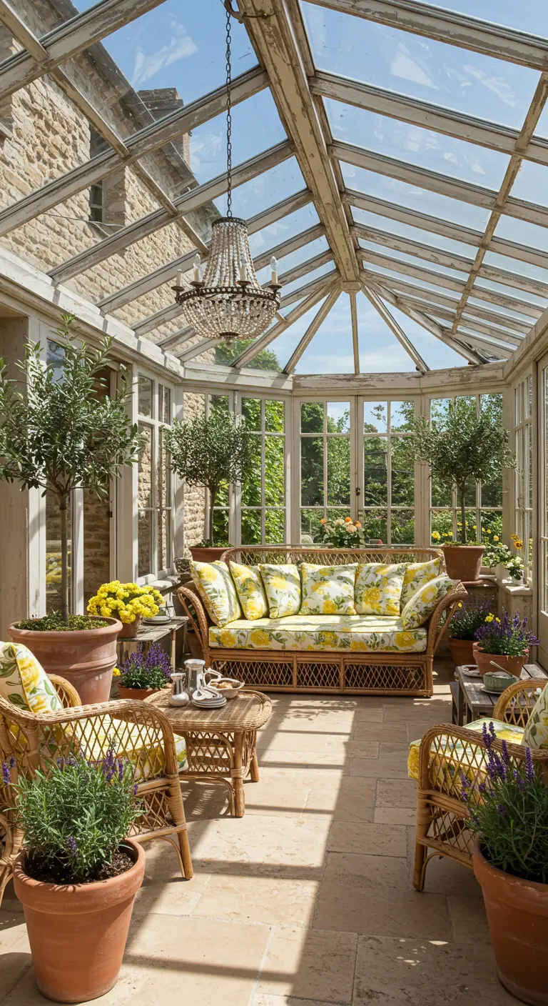 A glass conservatory filled with rattan furniture, yellow floral cushions, and potted plants.