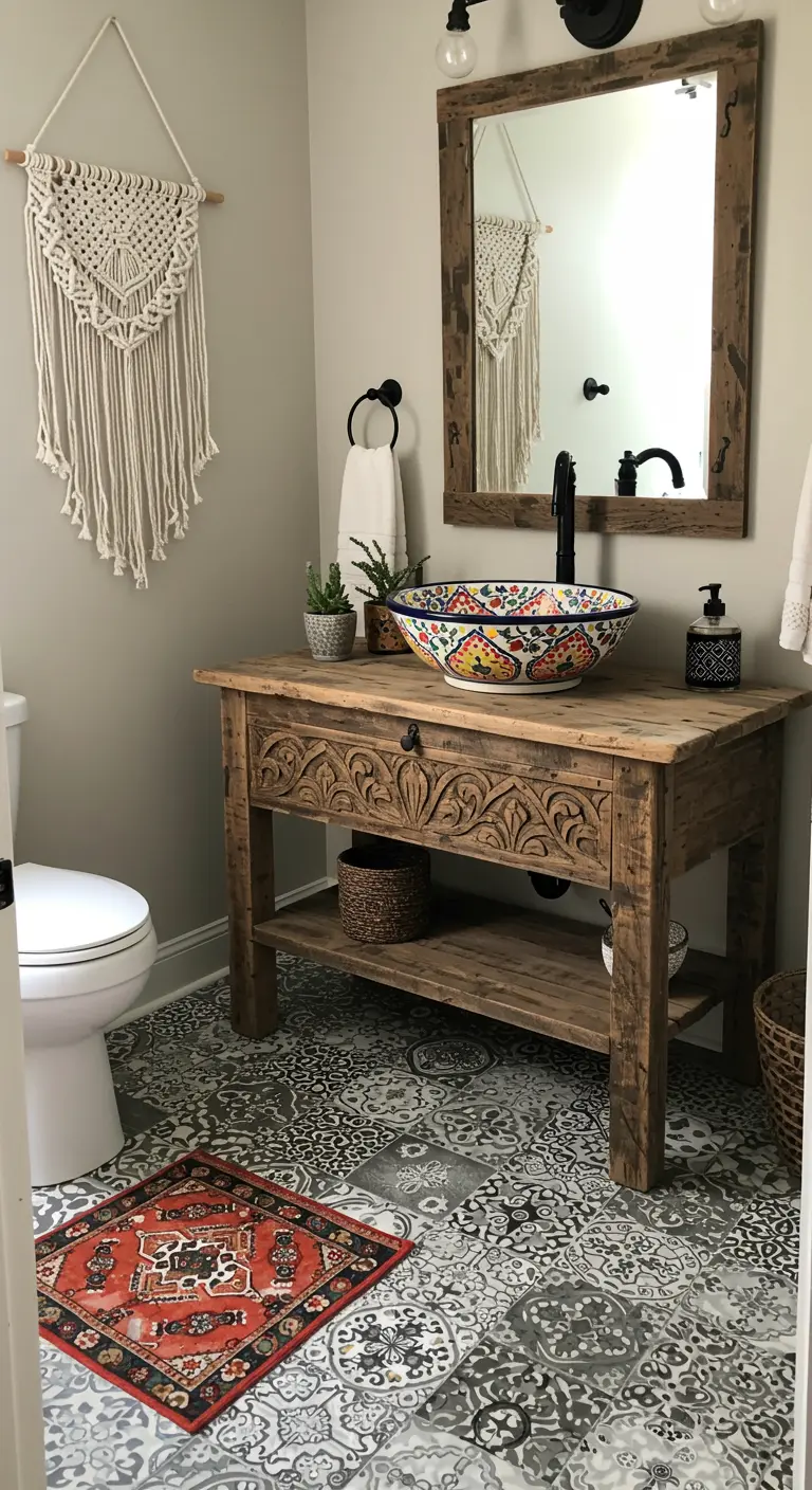 Bohemian-inspired bathroom with a carved wood vanity, patterned tile floor, and a macrame wall hanging.