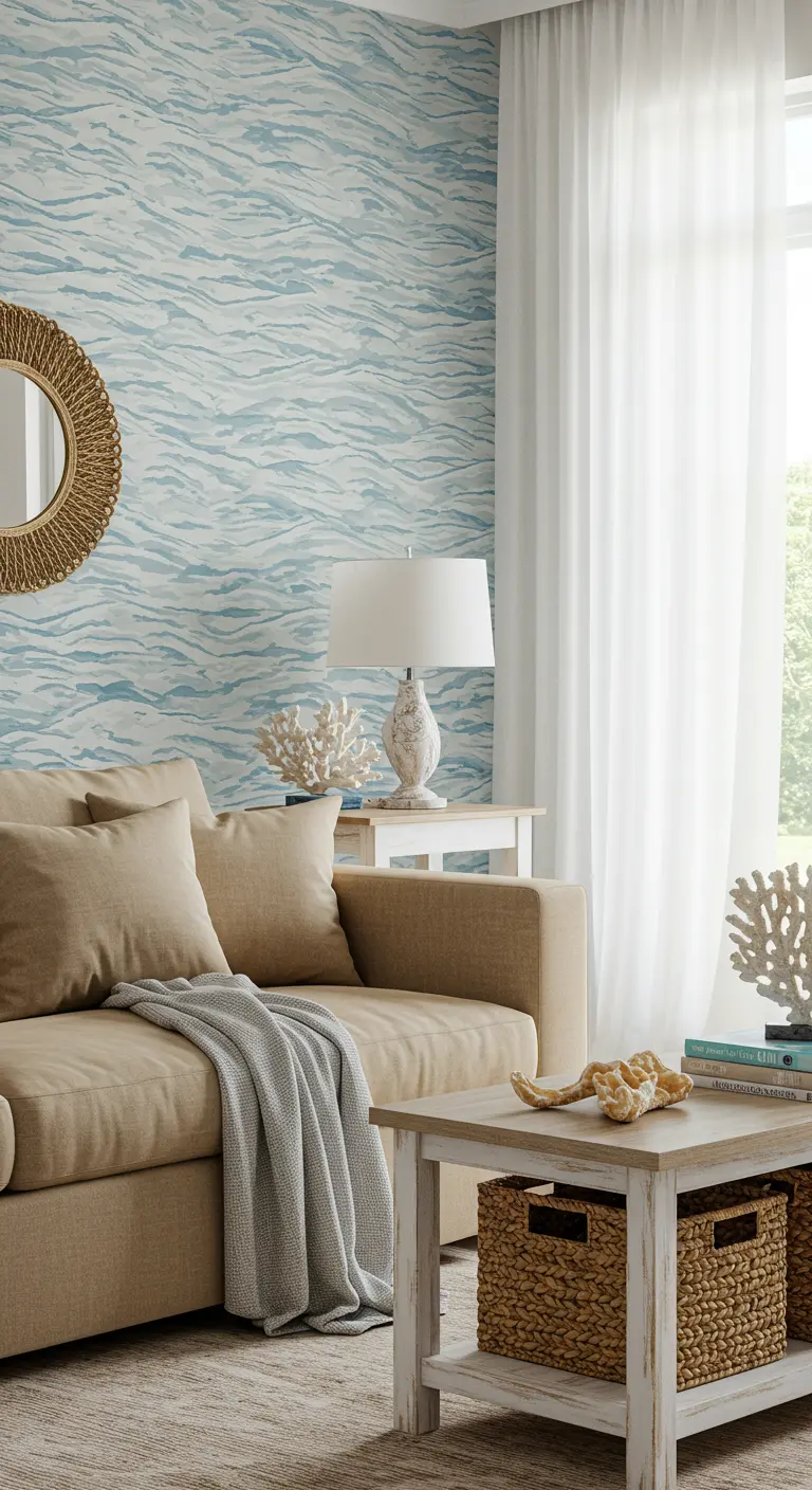 Coastal living room with a blue watercolor wave wallpaper behind a sand-colored sofa.