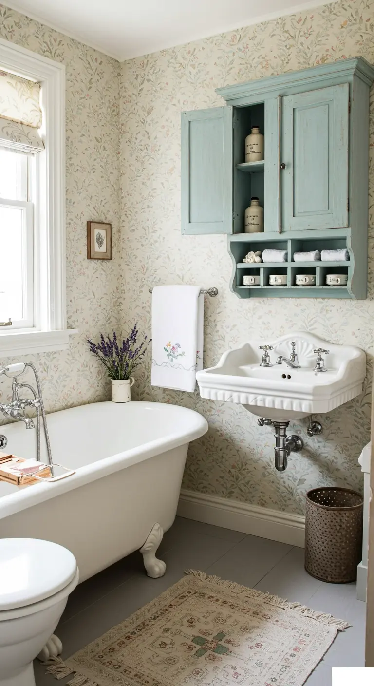 Cottage-style bathroom with floral wallpaper and a vintage blue medicine cabinet.