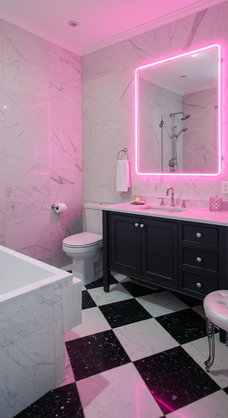 Classic bathroom with marble walls, checkerboard floor, and a mirror framed in pink neon.