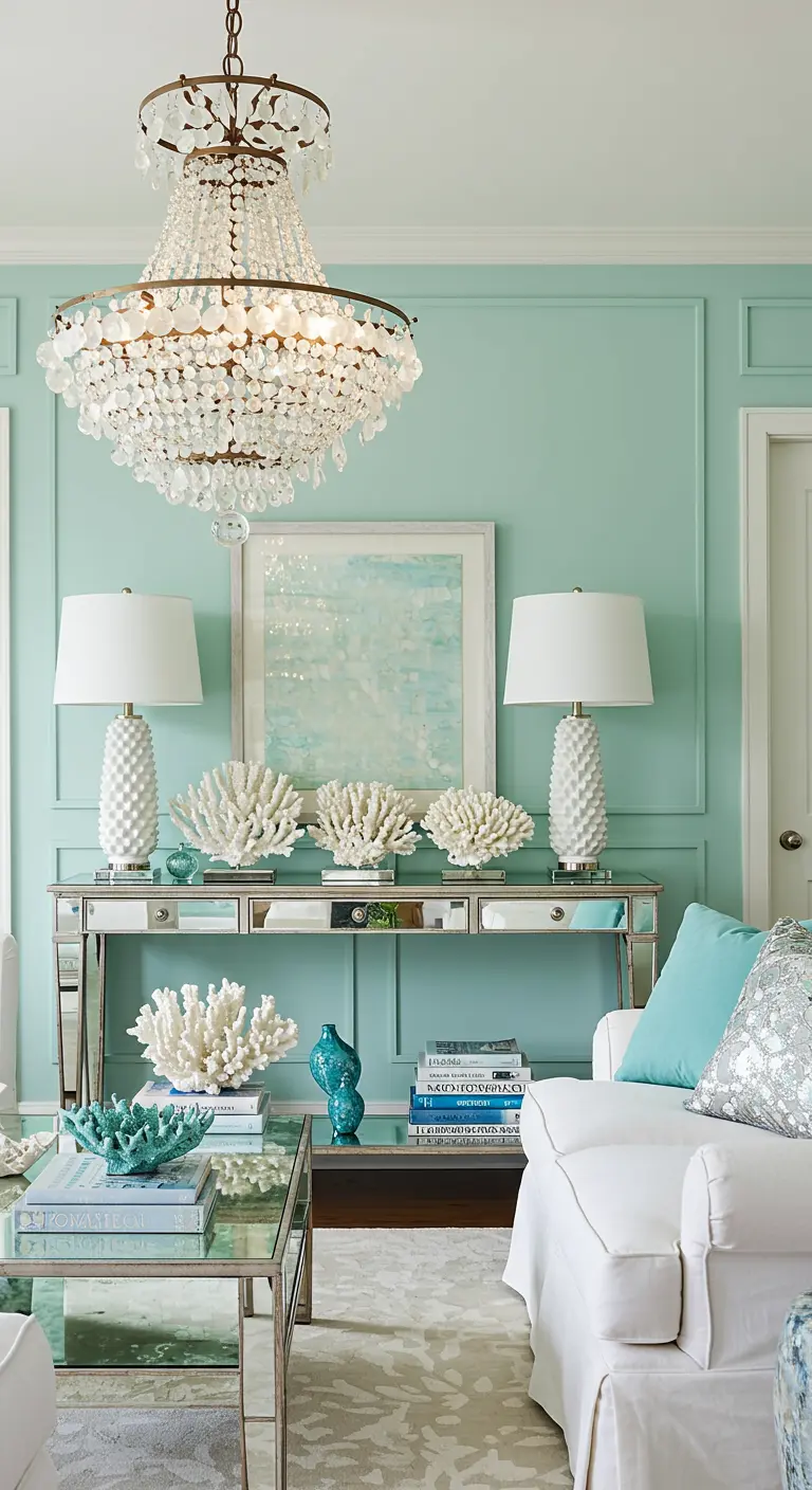 Coastal glam living room with a shell chandelier, mirrored tables, and coral decor.