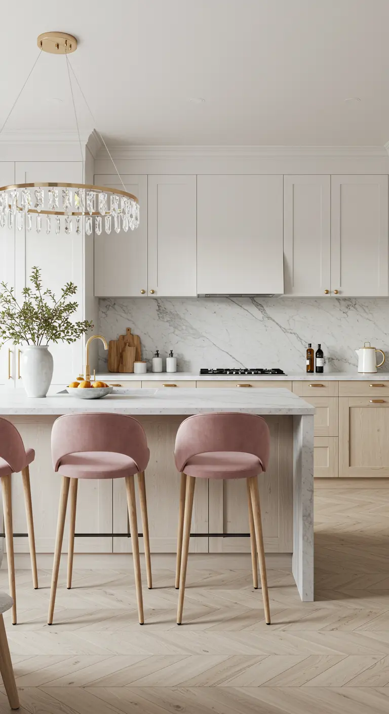 A light and airy kitchen with blush pink velvet stools on oak legs and a crystal ring chandelier.