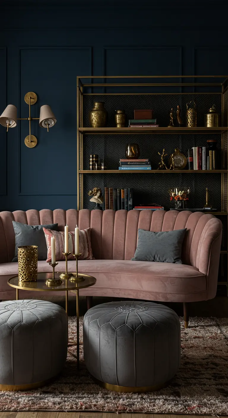 A dark blue room with a pink velvet sofa, a brass and mesh shelf, and gray velvet poufs.