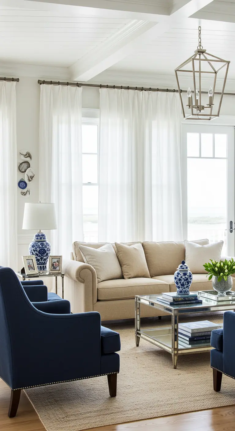 Coastal living room with navy armchairs, a mirrored coffee table, and a polished nickel lantern.
