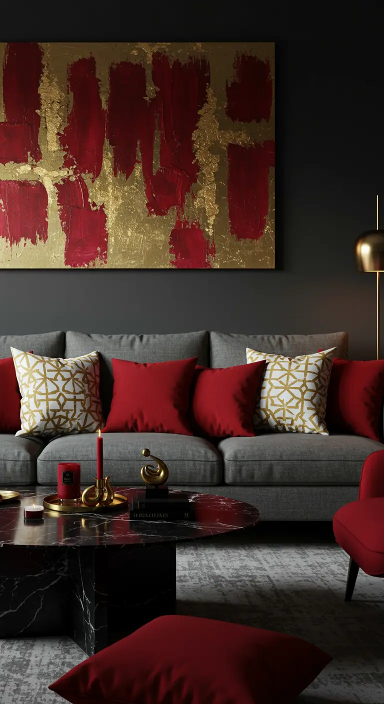 A modern gray sofa with red and gold pillows and abstract art on the wall.