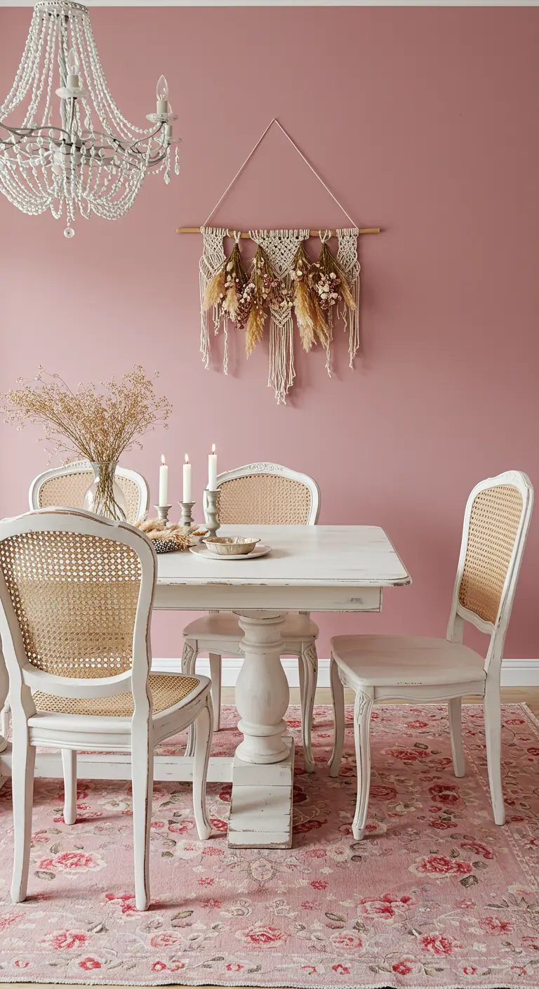 A dining room with pink walls, distressed white furniture, and a macramé piece decorated with dried flowers.