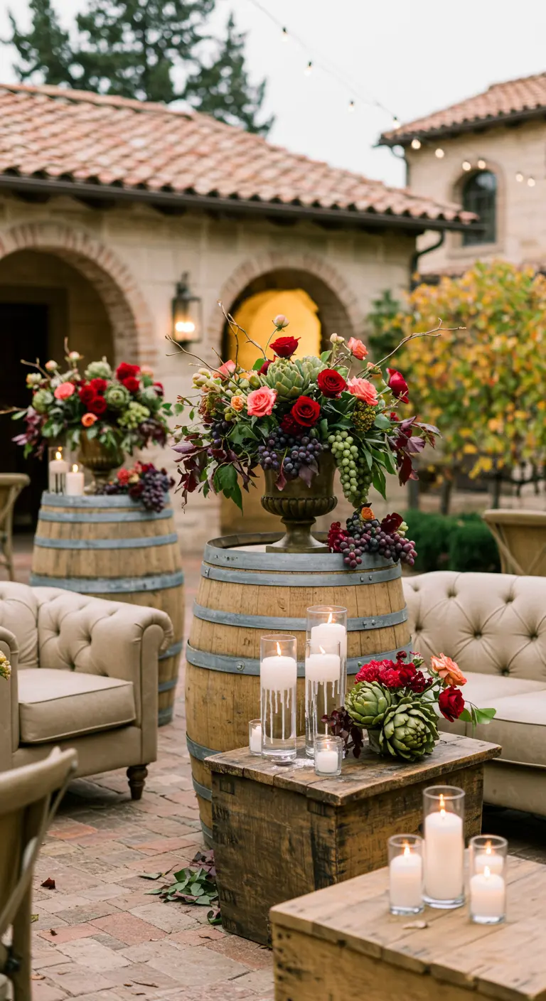 Wine barrels used as tables with lush floral arrangements in a courtyard lounge.