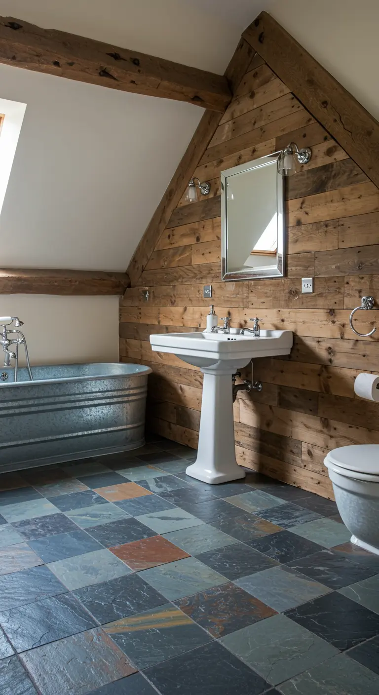 Rustic attic bathroom with wood plank walls, exposed beams, and a metal tub.