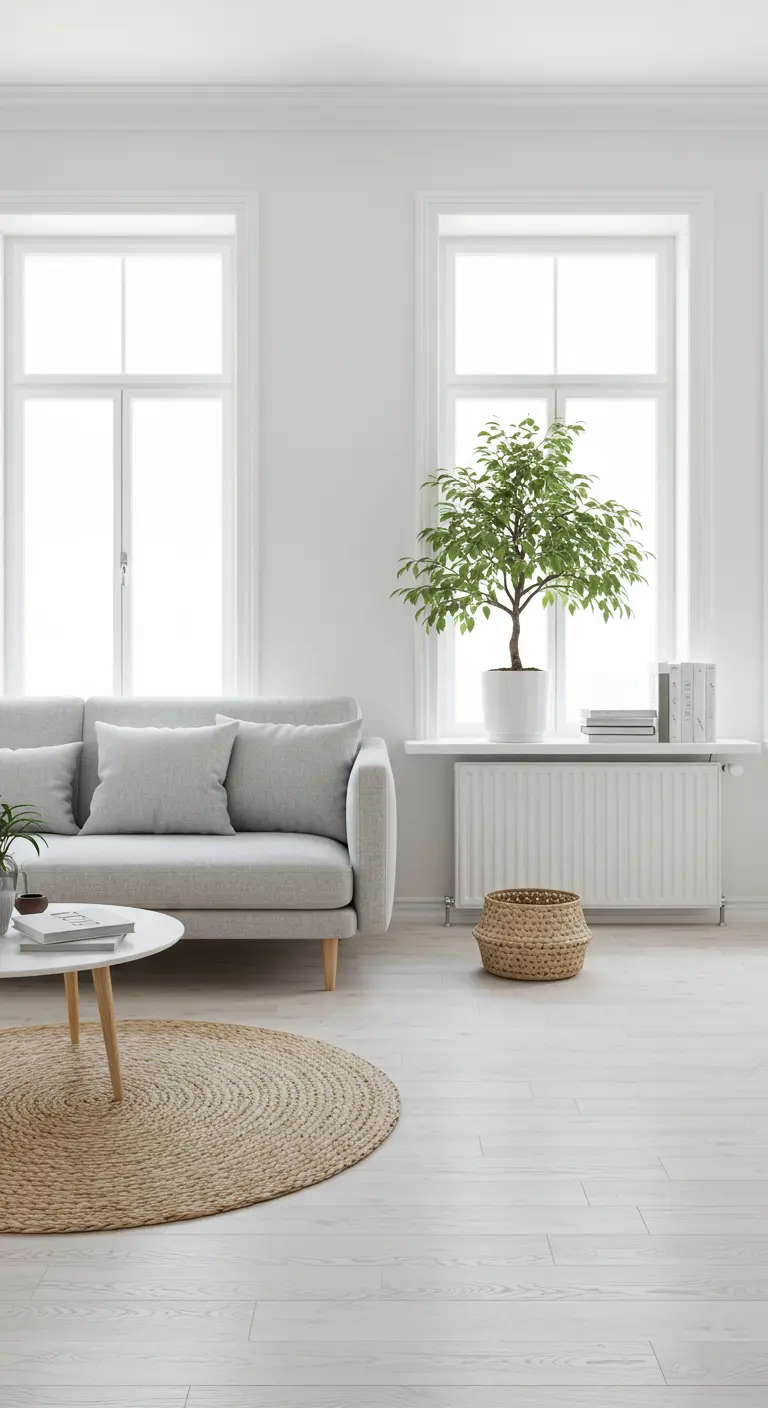 A bright Scandinavian living room with a light gray sofa, jute rug, and a ficus bonsai.