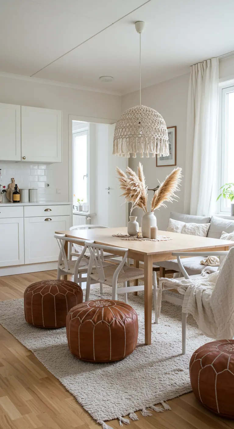Scandinavian dining area with white chairs, tan leather poufs, and a large macrame pendant.