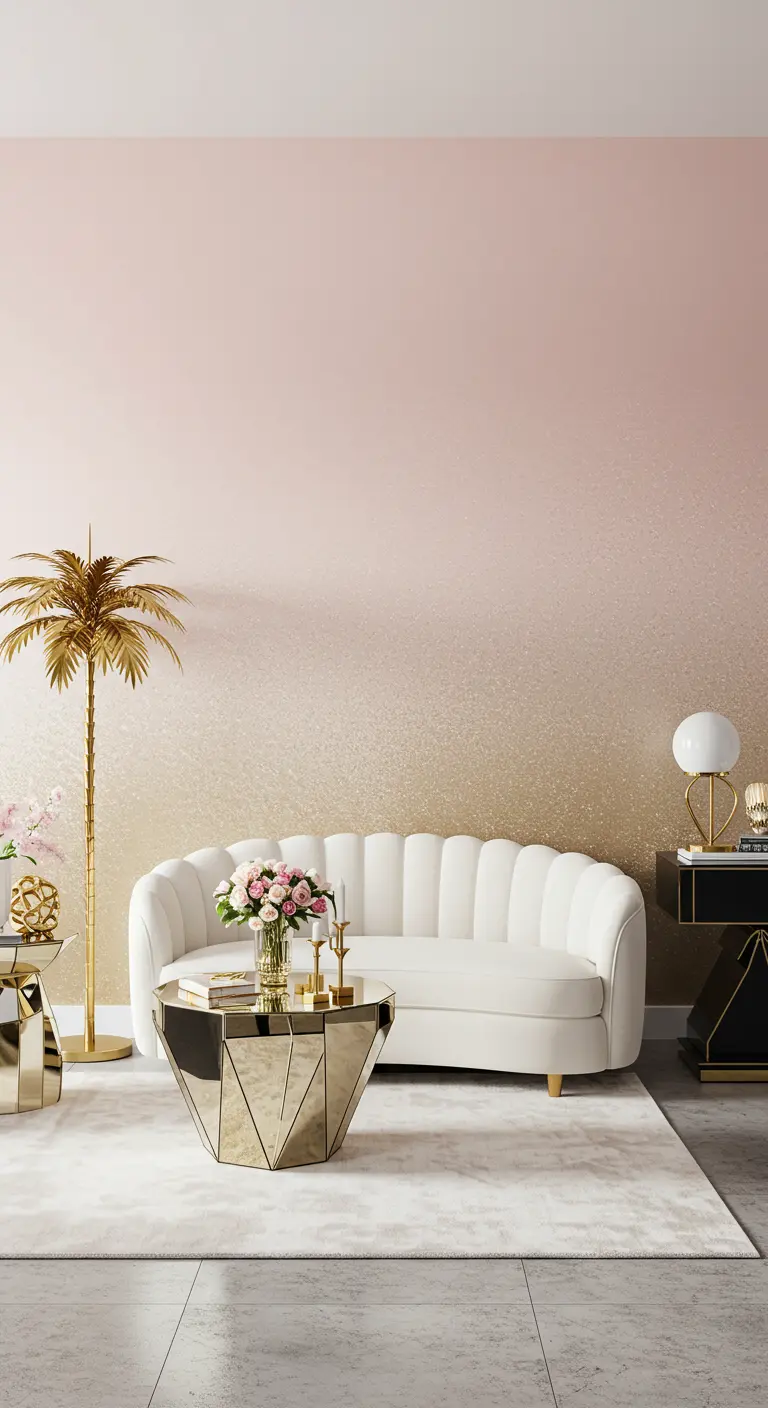 White scalloped sofa against a pink and shimmering gold ombre wall.