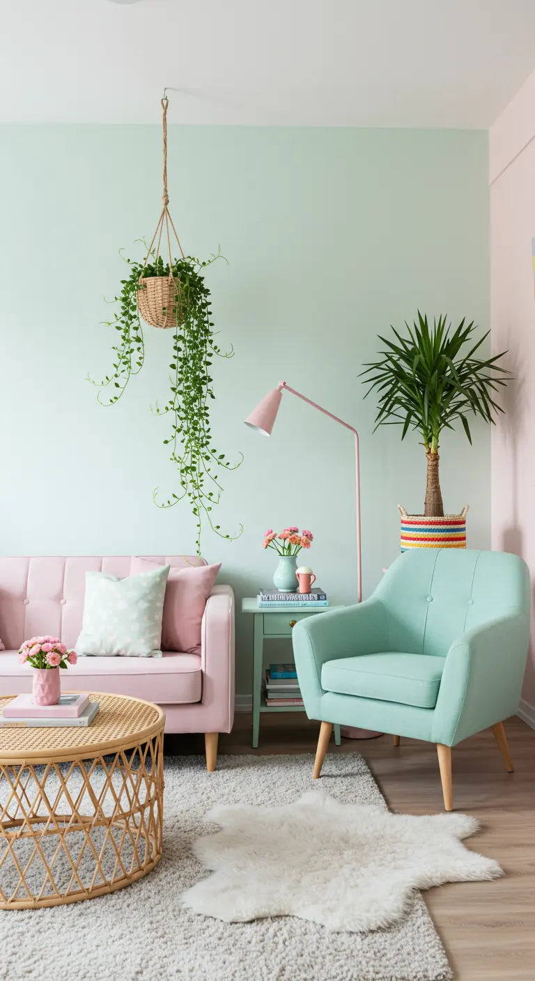 A living room with a pink sofa, mint green armchair, and a mix of hanging and potted plants.