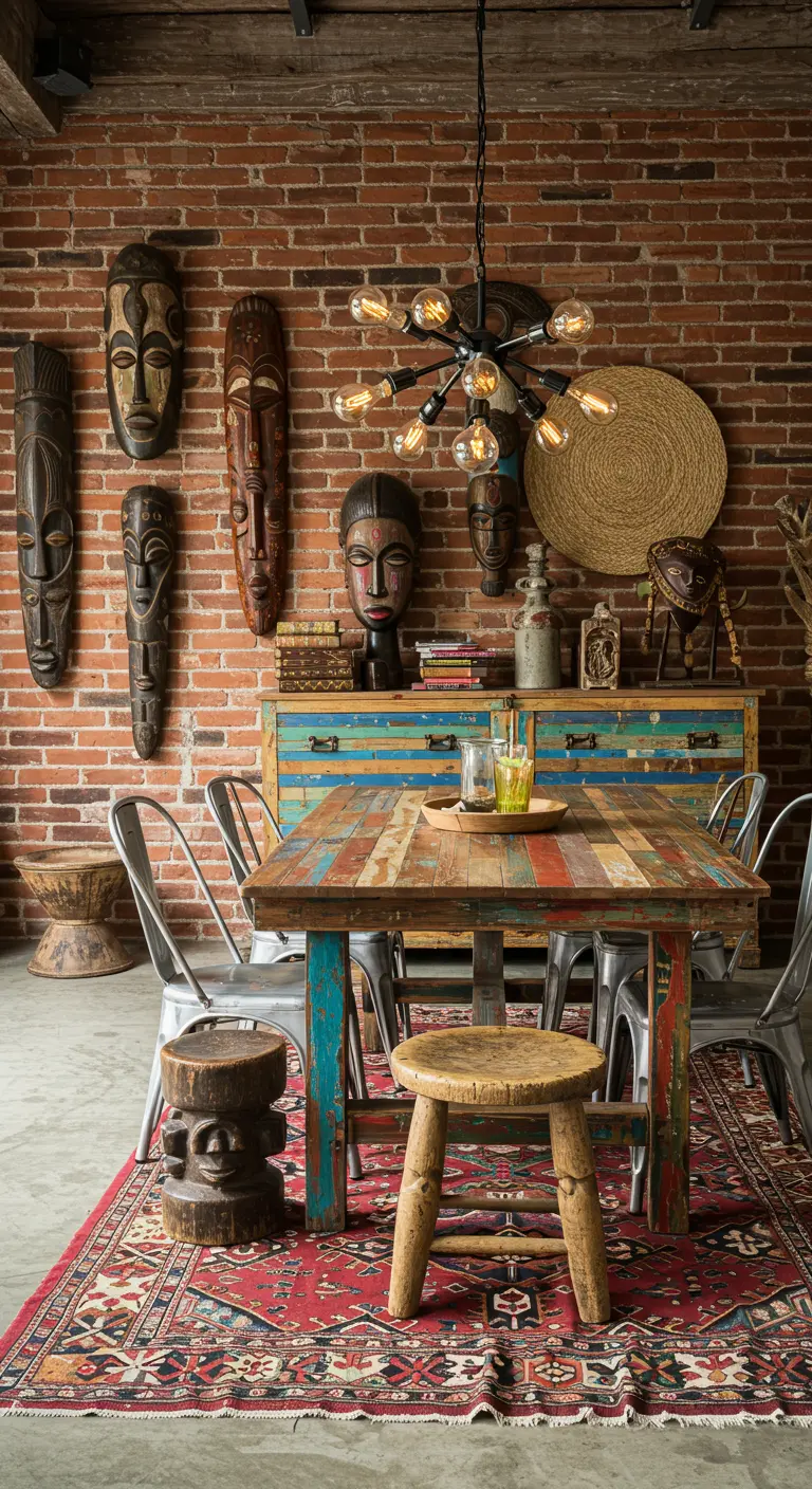 Eclectic dining room with a collection of African masks on a brick wall.