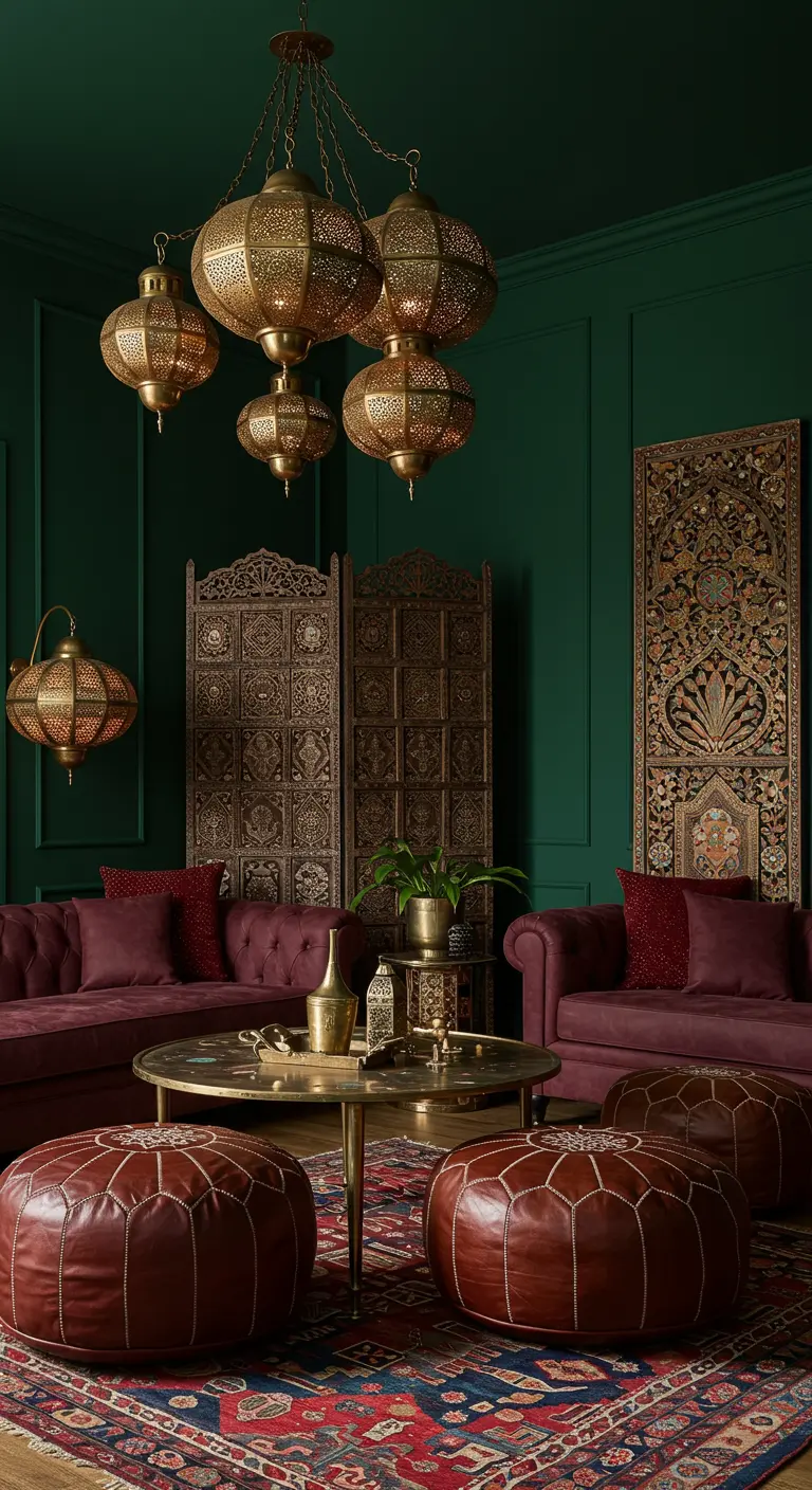 Moroccan-inspired room with green walls, burgundy sofas, leather poufs, and pierced metal lanterns.