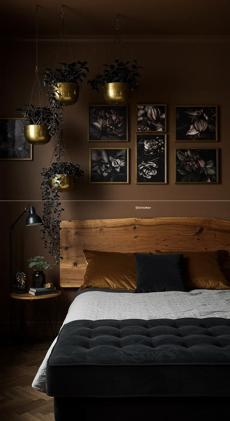 Dark brown bedroom with a live-edge wood headboard and hanging plants.