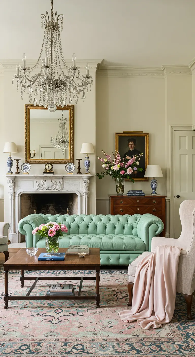 A traditional living room with a mint green tufted sofa and a large crystal chandelier.