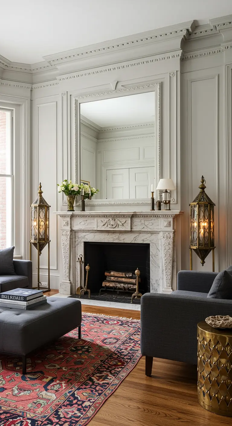 A formal living room with a marble fireplace flanked by two tall, elegant Moroccan floor lanterns.