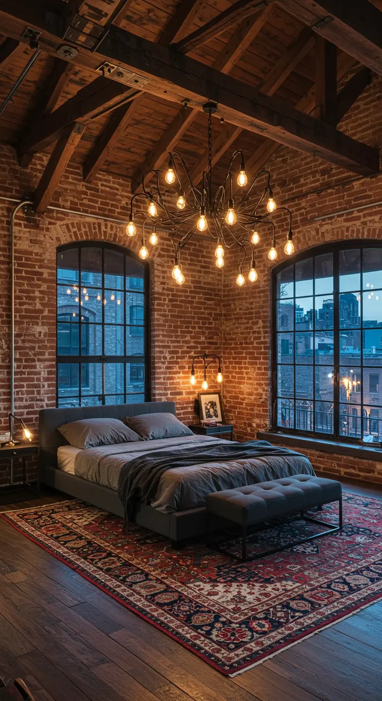 Industrial loft bedroom with exposed brick walls, a large chandelier, and city views.